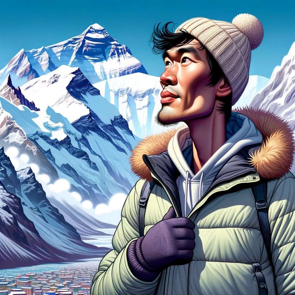 someone gazing at Mount Everest, digital art, caricature